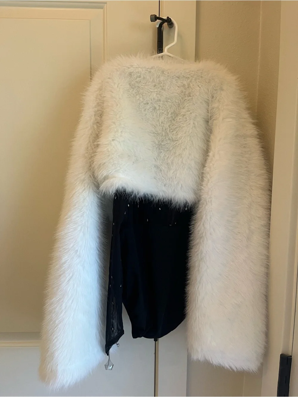 Sheer Mesh Long-Sleeve Bodysuit - Black with Fur Coat